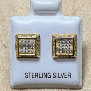 🆕.925 STERLING SILVER SQUARE CUBIC ZIRCONIA PAVE GOLD STUD EARRINGS - MEN